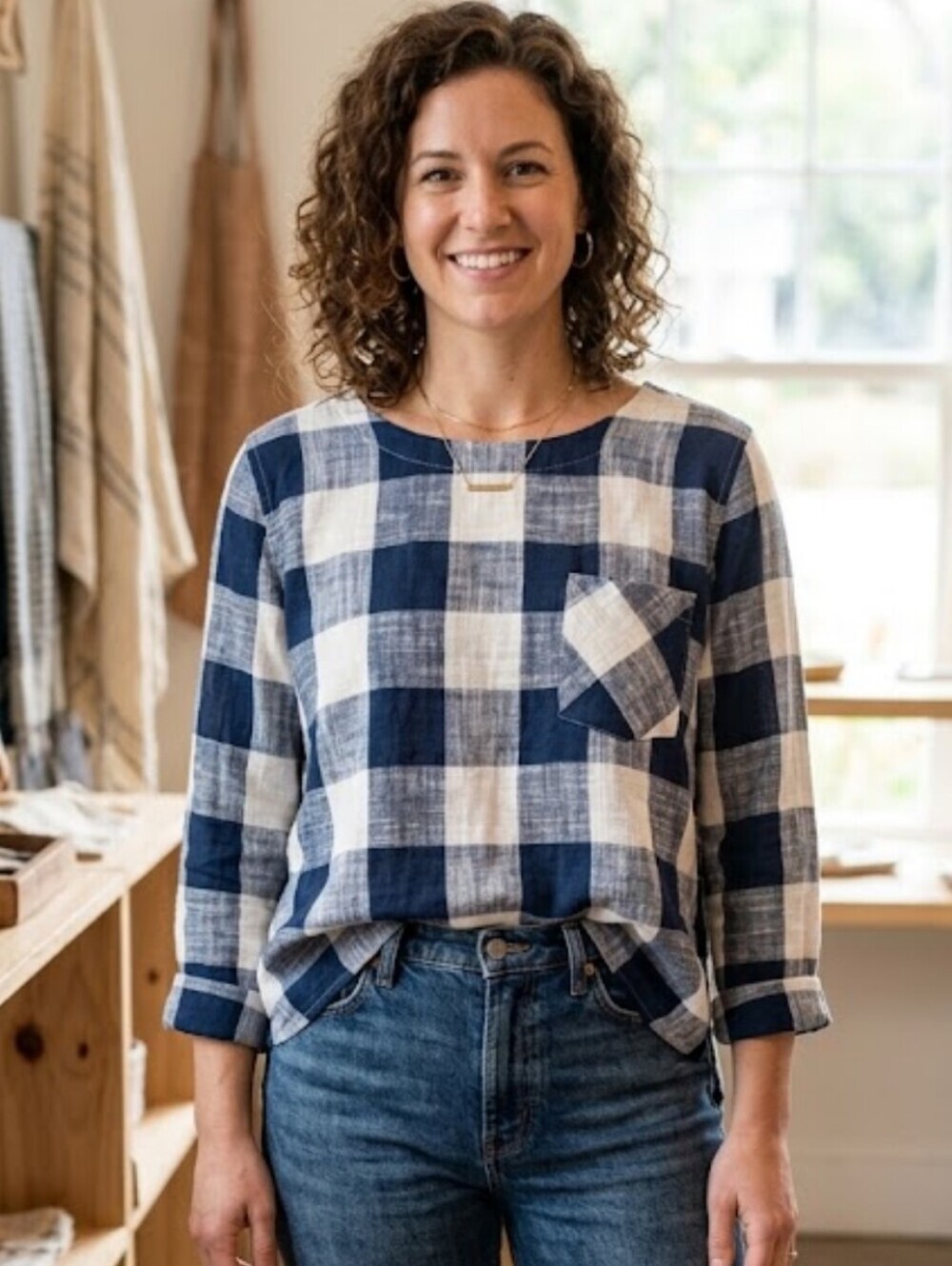 Cloth & Stone Top Medium Blue White Gingham Check Long Sleeve Linen Blend